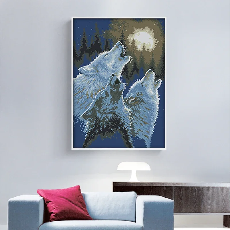 Kreuzstich-Vollstickerei-Handarbeitsset, Heimdekorationsset 14CT Tiermuster Wolf weiße Leinwand Diy Kreuzstich Dmc