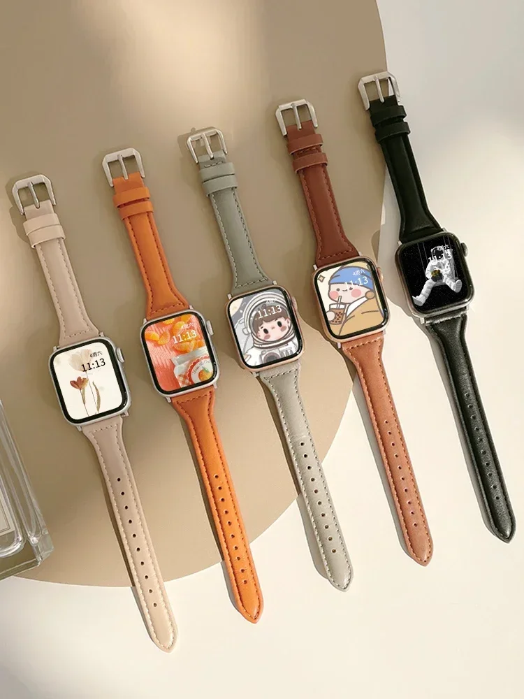 Slim leather strap for Apple Watch band 45mm ultra-2 49mm 41mm 44mm 38mm 40mm 42mm Wrist bracelet iWatch series 9 7 8 6 SE 5 4 3