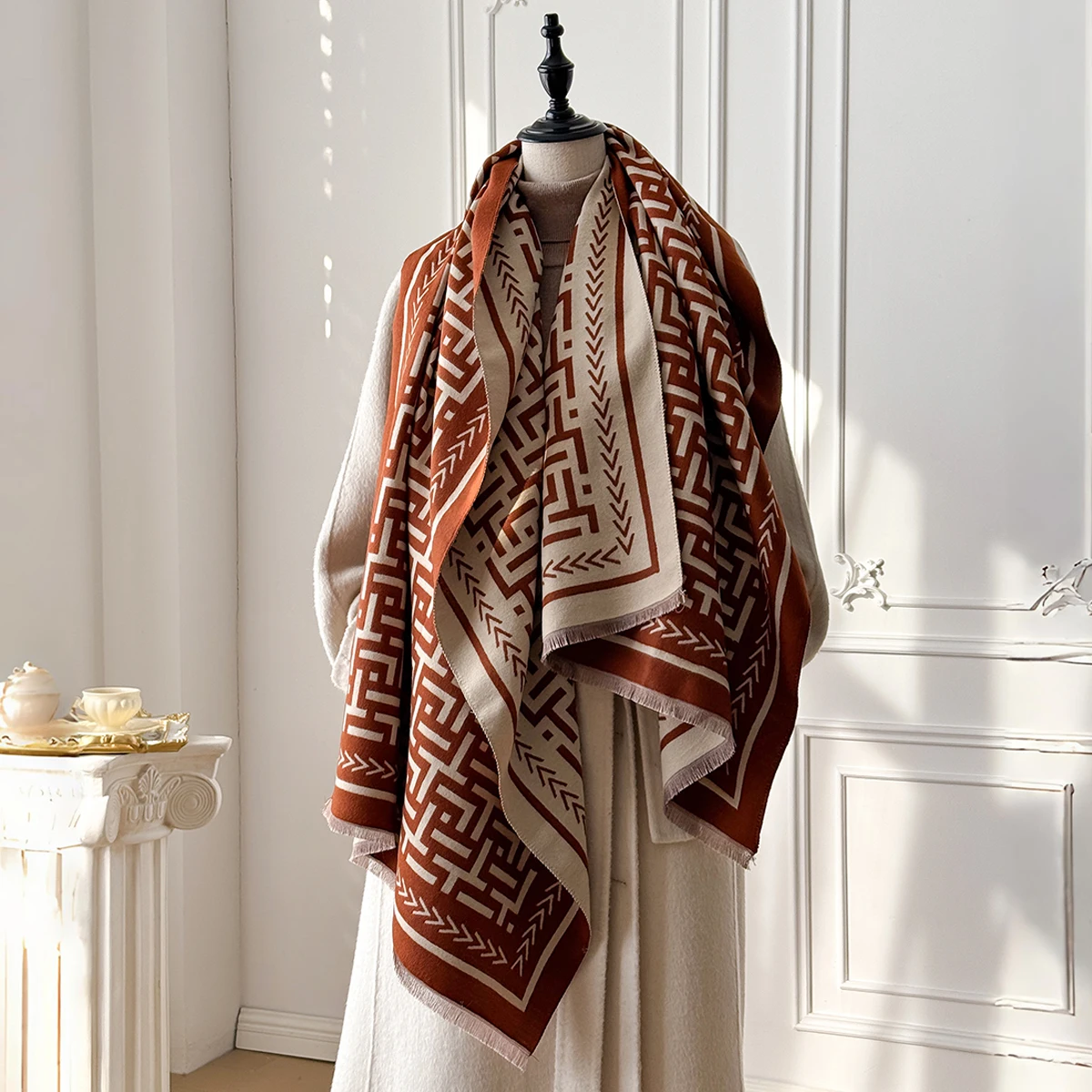 2025 Luxury Brand Women's Cashmere Scarf - Winter Warm Tasseled Allover Geometric Print Pashmina Shawl, Foulard & Poncho