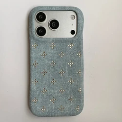 Retro Trendy Blue & Black Denim Texture Phone Cover with Rivet and Small Flower Design - Shockproof Case - iPhone 15 (LIGHT BLUE)
