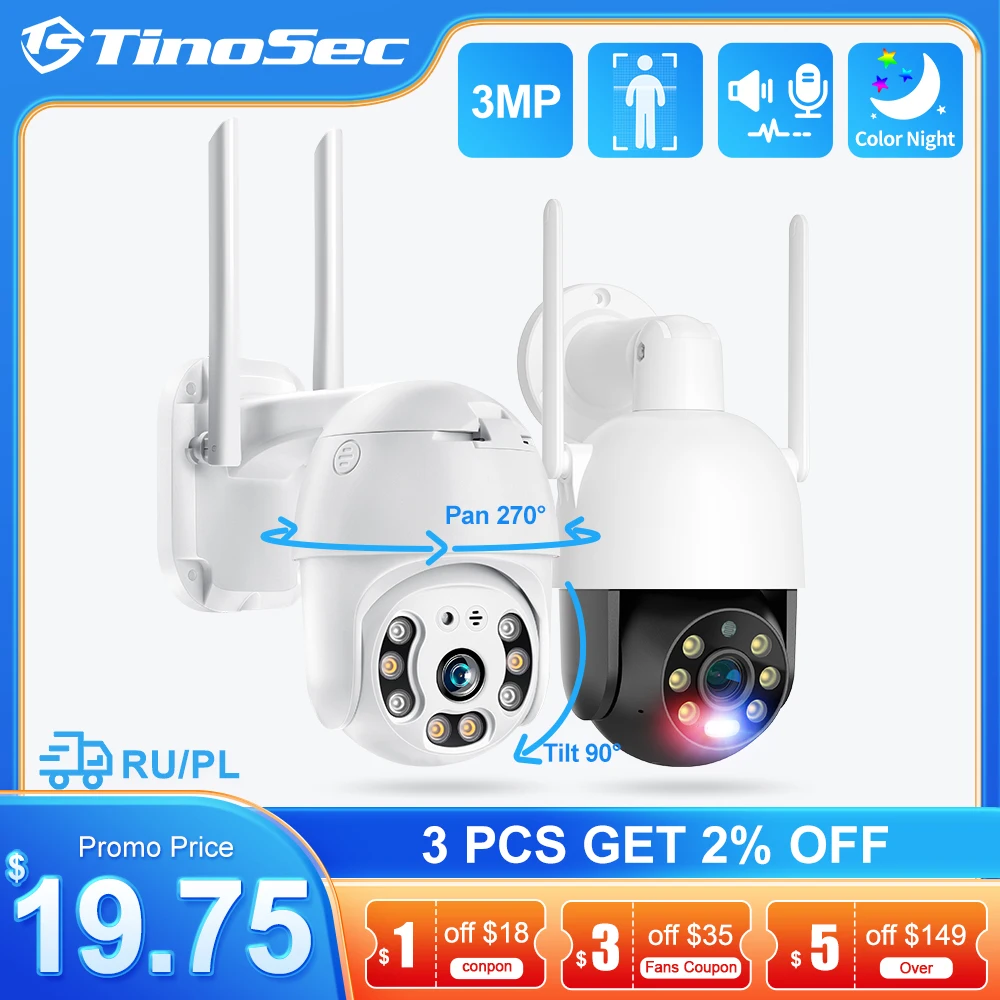 TinoSec 1080P 3MP WiFi IP Camera Speed Dome PTZ Wireless Camera Two-way Audio Record Colorful Night Vision Human Detected Onvif