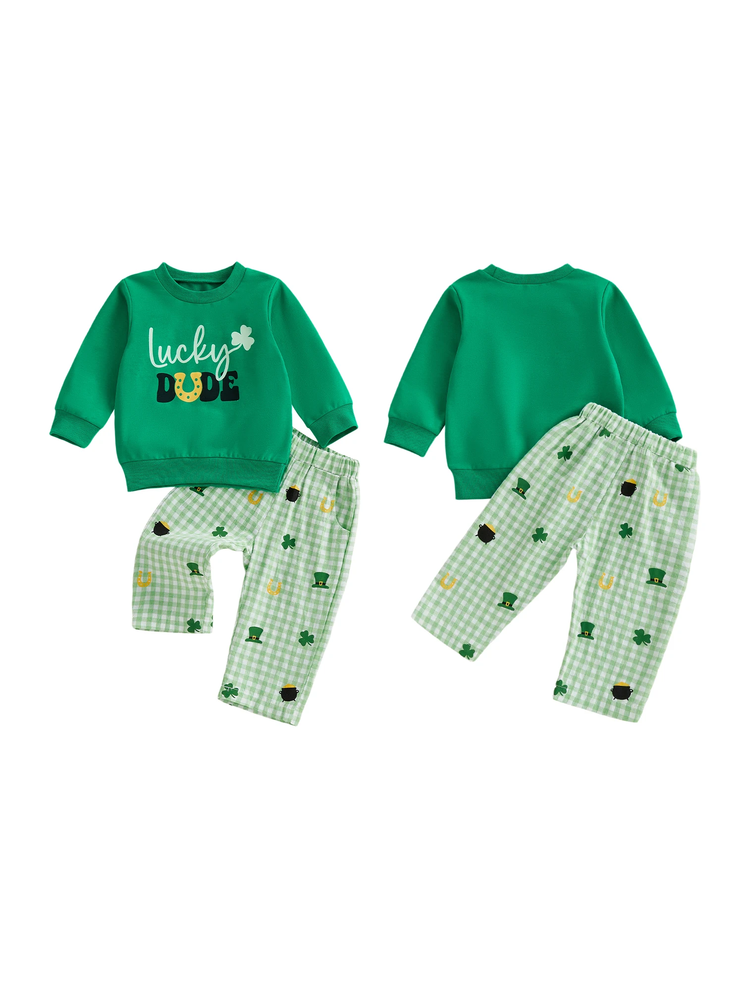 2-teiliges Set für Kleinkinder, Baby-Frühlings-Outfits, Kleeblatt-Buchstaben-Aufdruck, Rundhalsausschnitt, Langarm-Sweatshirt und karierte Hose – Detail 1
