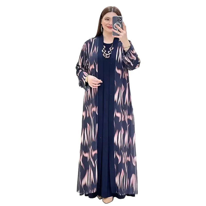 Muslim Dress Set Hot Selling Women's Digital Printed Cardigan Robe Clothing Two Piece Set Dubai Ramadan Gurban Abaya Clothing