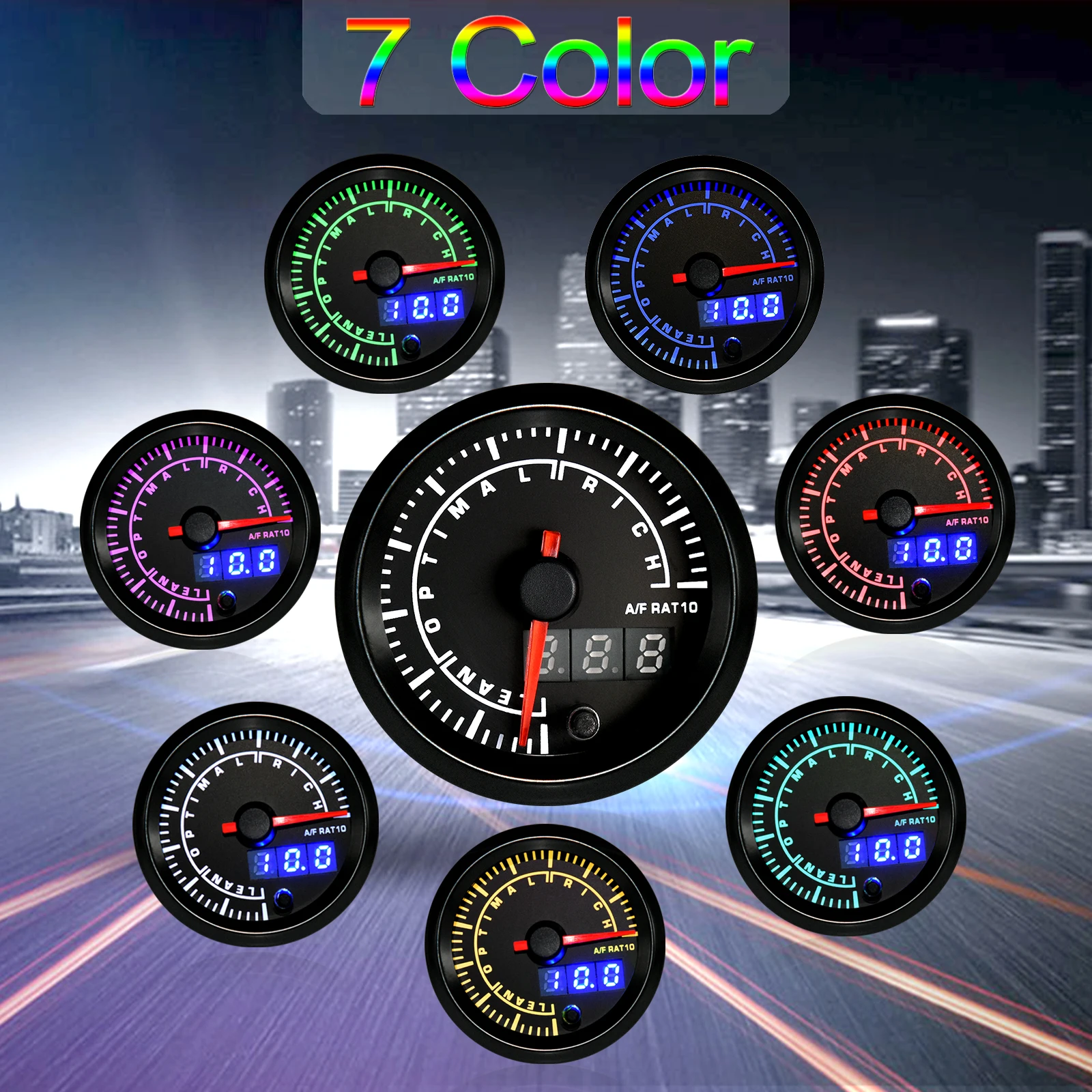 52mm Narrowband Air Fuel Ratio Gauge Kit 7 Colors LED Digital AFR Meter Narrowband O2 Oxygen Sensor Universal 12V Car air fuel ratio gauge