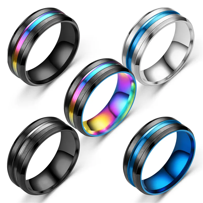 8MM Black Titanium Ring for Men Boys Simple Stainless steel Rings Trendy Rainbow Groove Rings Jewelry Accessories Gifts - Image 2