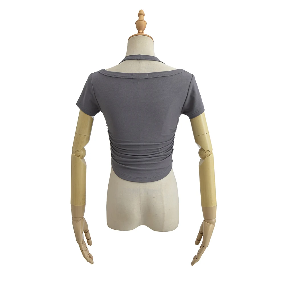 Women Short Sleeve Cropped Cotton T-shirt With Halter Collar And Side Folds Detail