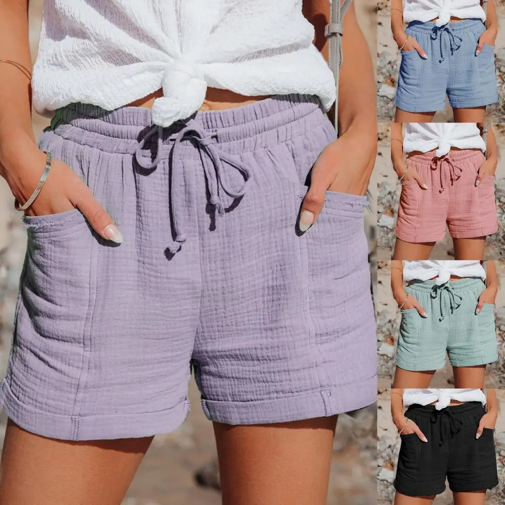 

Summer Cotton Linen Shorts Women's Drawstring High Waist Short Pants With Pockets Sports Casual Basic Cortos Pantalones