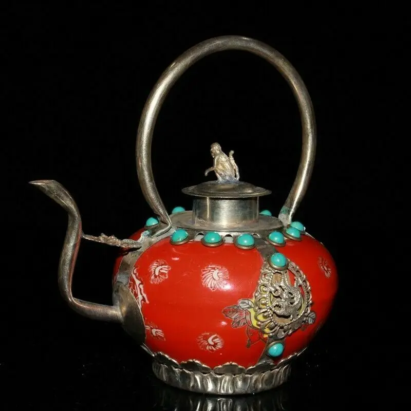 

Old Chinese tibet silver porcelain inlay gem made wine pots teapots red
