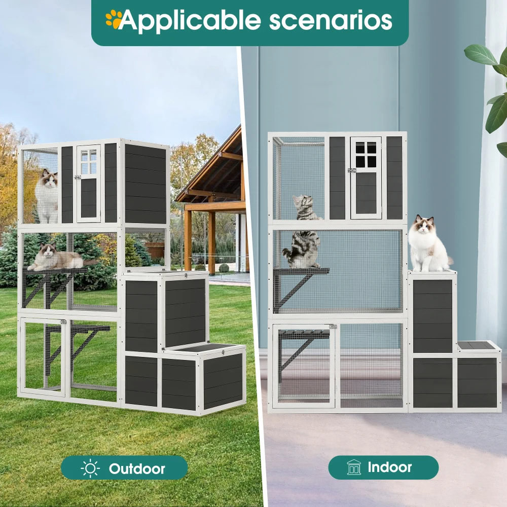 3-Tier Wooden Outdoor & Indoor Cat House Suitable for 1-3 Cats Cat Enclosure Resting Box with 4 Platforms and 2 doors