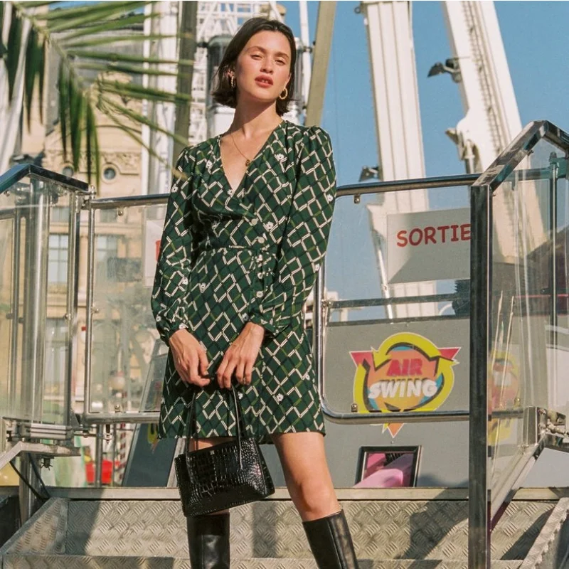 

2023 Spring/Summer Green Printed Short Long Sleeve Tea Break Dress Women's French Vintage Dress