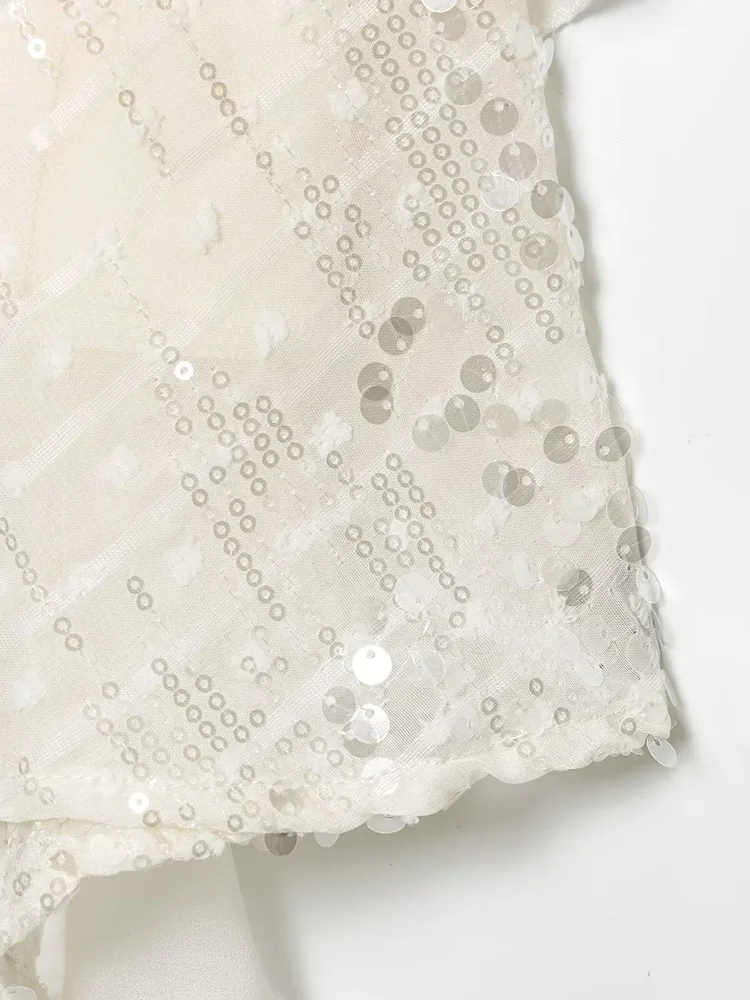 HXAO Slip Perlen Damen Kleider Rüschen Tüll Kurze Kleider Ärmellose weiße Damenbekleidung Rückenfreie Damen Midi Kleidung – Detail 10