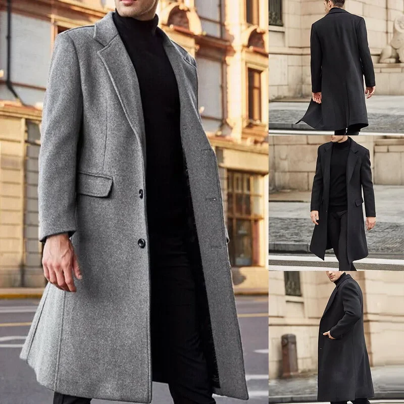 Winter Men Coats Woolen Solid Long Sleeve Jackets Fleece Men Overcoats Streetwear New Fashion Brand Long Trench Outerwear Casual