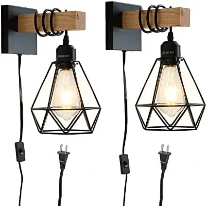 

Plug in Light Fixtures for Indoor 2 Pack Modern Plug in Sconce Farmhouse Wood Metal Cage Rustic Sconces Lights Classroom deco