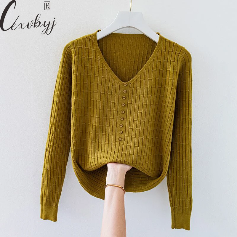 

Women V-Neck Knitted Sweater Korean Fashion Autumn Winter Bottoming Pullover All-Match Vintage Long Sleeve Knitwear Pullover