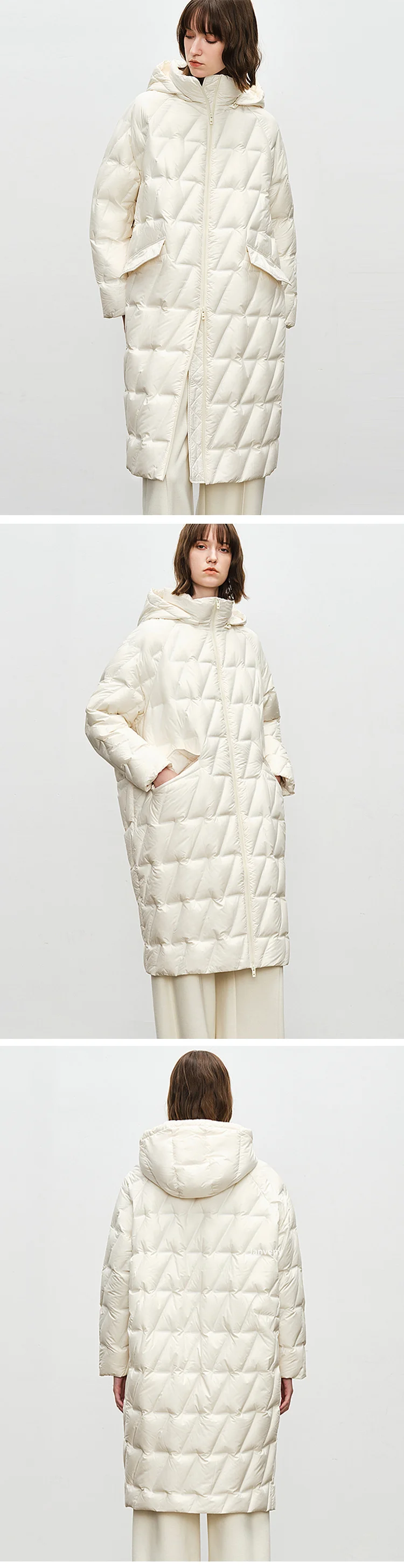 Janveny 2026 New Winter Oversized Over Knee Puffer Jacket Women Solid Long Sleeve Zipper Hooded White Duck Down Coat Warm Parkas