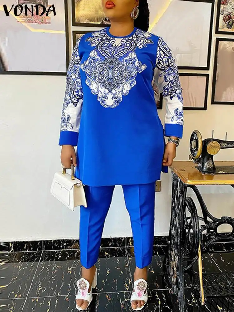

VONDA Fashion Pants Sets 2024 Autumn Women Satin Printed Suits Vintage Long Sleeve Tops Casual Wide Leg Pants Oversized