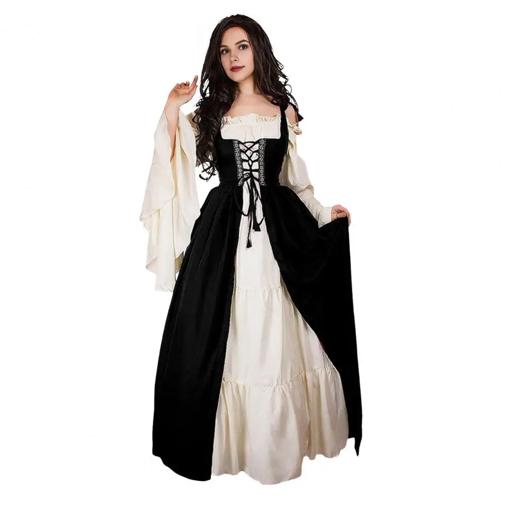 

Layered Pleated Dress Vintage Renaissance Court Halloween Costume Maxi Dress Elegant Lace-up Patchwork with Flowy Sleeves Tight