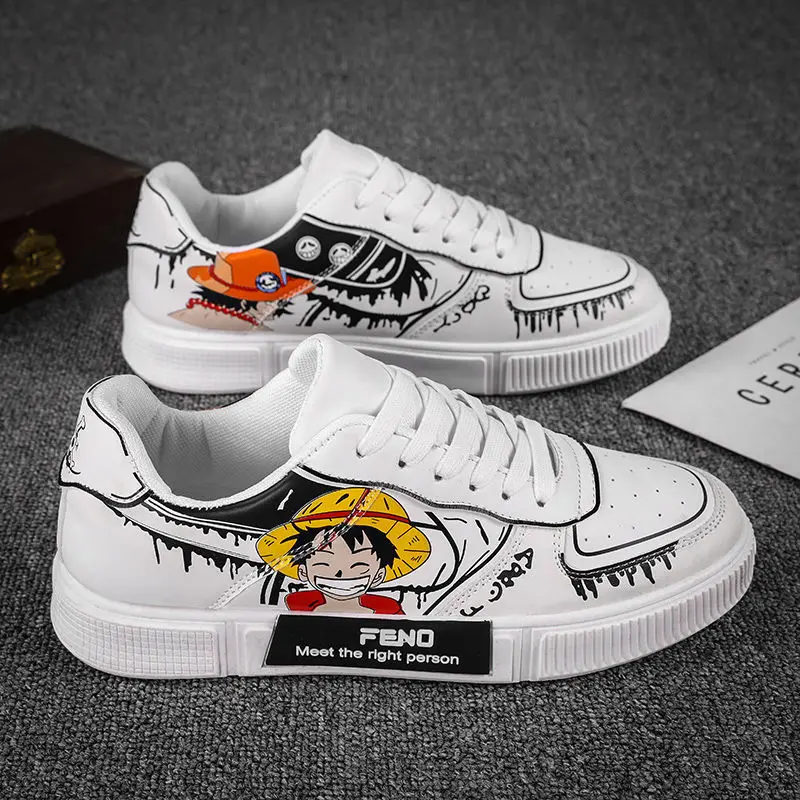 

One Piece Luffy Cartoon Anime Sneakers Two-dimensional Trendy Personality Korean Version Versatile White Shoes Gift for Boys