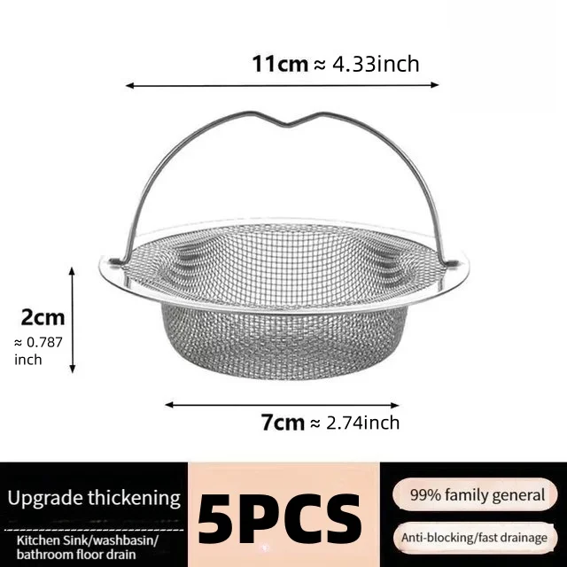 1/5PCS Stainless Steel Kitchen Sink Filter Garbage Food Residue Dishsink Filter Handle Metal Sink Strainer