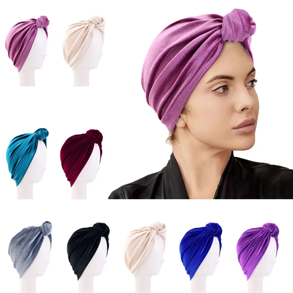 

New Women Velvet Top Knotted Turban Winter Warm Muslim Hijab Inner Hat African Twist Headwrap Bonnet Femme India Hat Chemo Caps