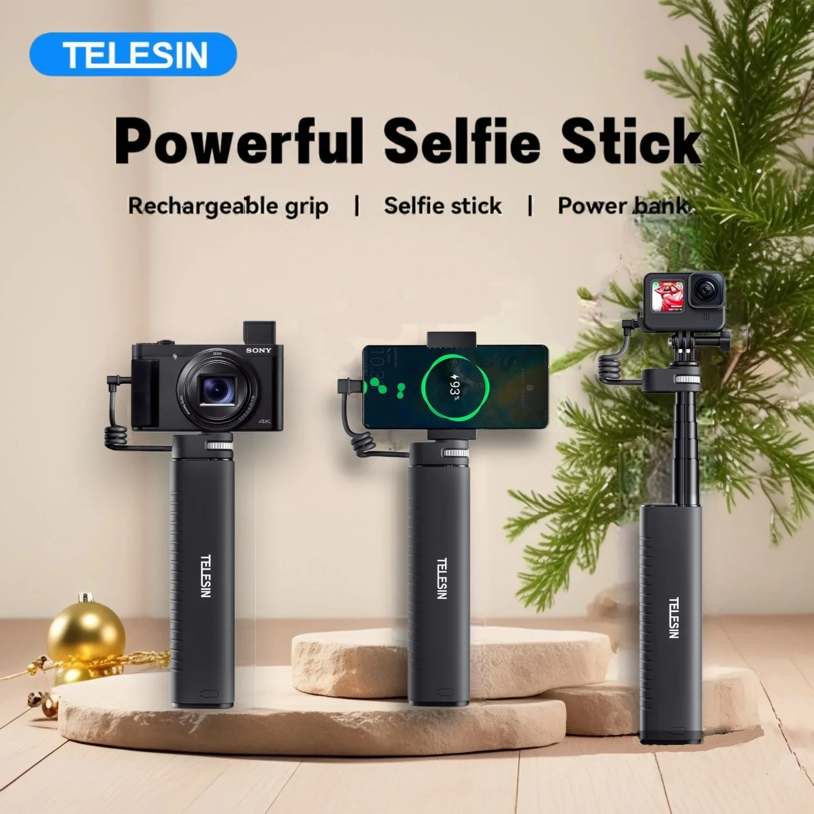 TELESIN Rechargeable Grip Selfie Stick for Phone Gopro Hero 13 12 11 10 9 DJI OSMO Action 5 4 3 High-Capacity Battery Handgrip phone stabilizer selfie stick