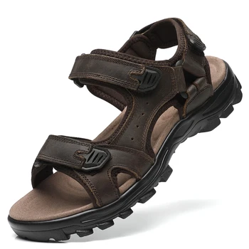 Sandali sportivi da uomo in pelle bovina di primo strato, sandali antiscivolo da esterno open-toe, scarpe da uomo casual, scarpe da spiaggia alla moda all'aperto, leggere e comode, possono essere indossate da uomini e donne, adatti per escursioni all'aperto, viaggi, Wo 1