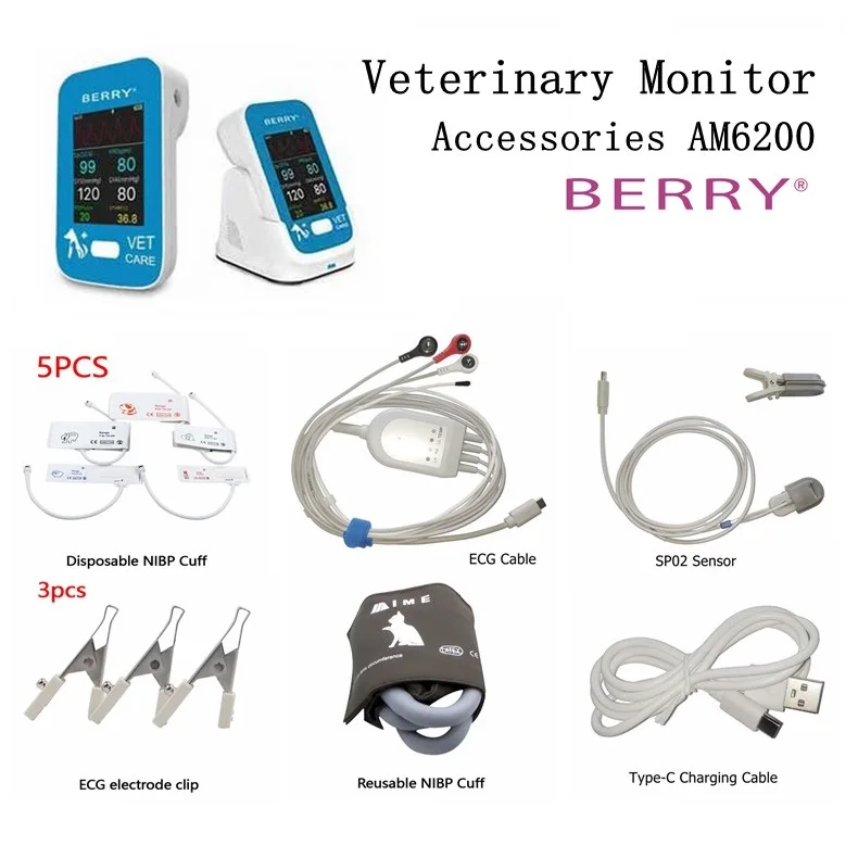 

BERRY AM6200 Veterinary Monitor ECG Cable ECG Electrode Clip SpO2 Sensor Reusable NIBP Cuff NIBP Tube Monitor Accessories