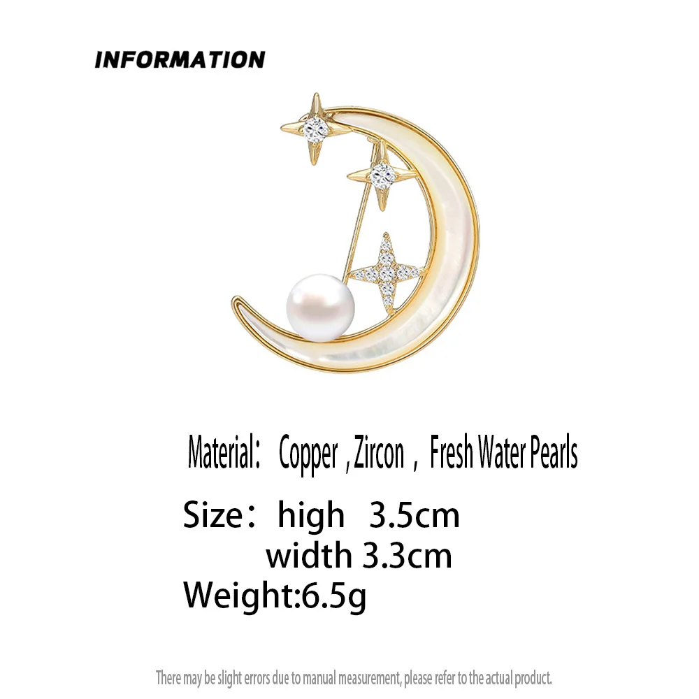Exquisite Elegant Rhinestone Moon Pearl Brooches For Women Crystal Star Crescent Lapel Pins Fashion Jewelry Clothing Accessories