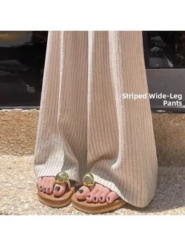Japanese Style Striped Cotton Linen Pants Women Summer plus Size Small Taller Lazy Draping Casual Linen Wide Leg Pants