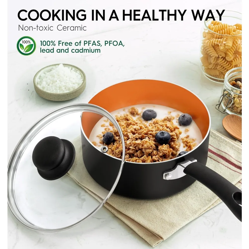 MICHELANGELO Nonstick 1QT & 2QT Ceramic Saucepan Set with Lid and Steamer 4