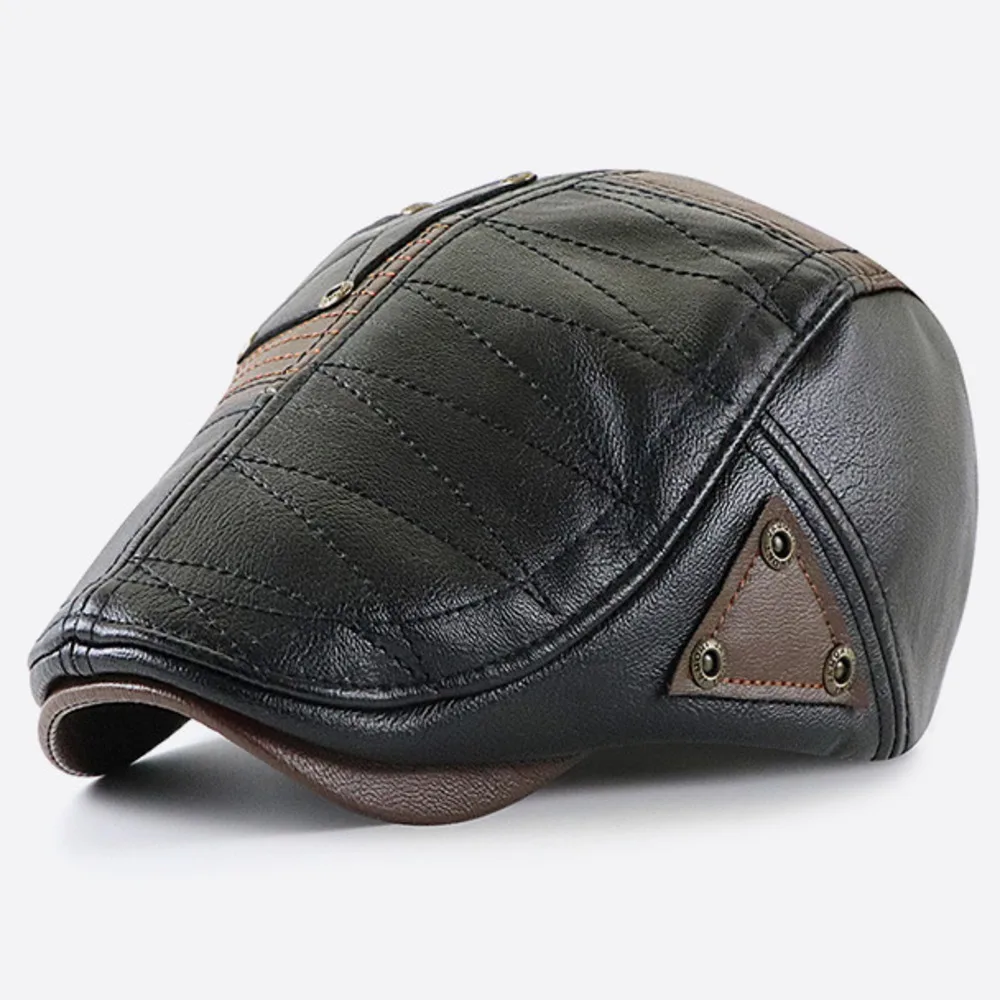 

PU Leather Flat Gatsby Driving Hat Contrast Color Stitched Flat Cap Adjustable Newsboy Cap Stitch Cabbie Beret Hat