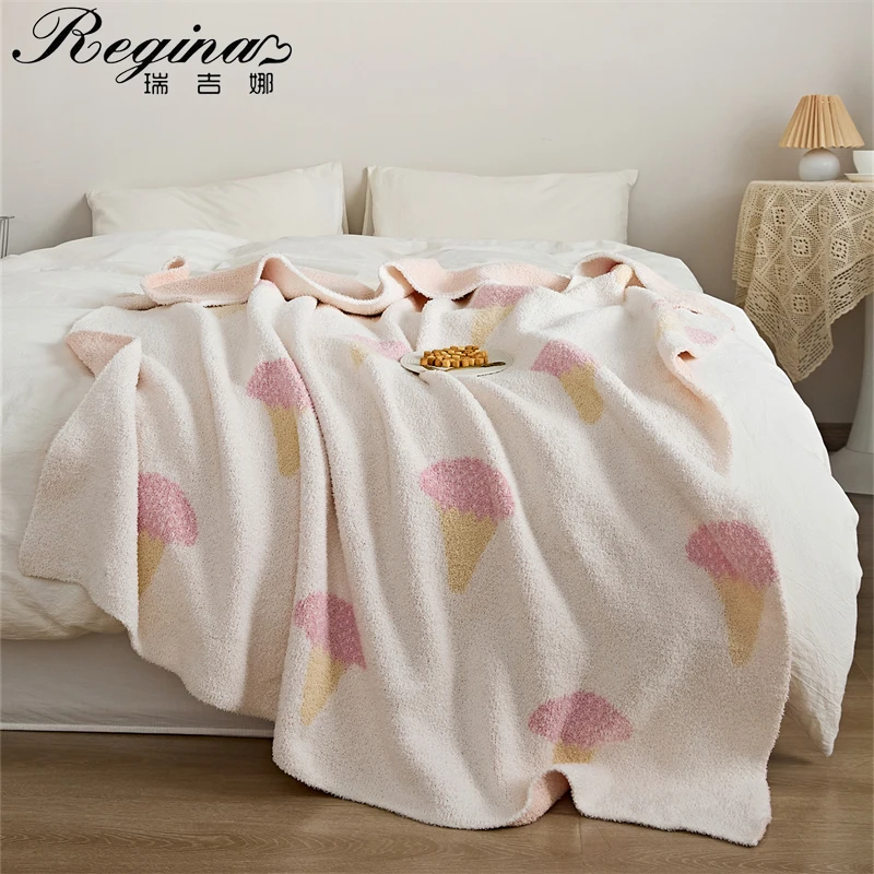 

REGINA Kawaii Ice Cream Jacquard Blanket Soft Cozy Fluffy Downy Furry Fur Microfiber Knitted Throw Blanket For Sofa Bed Armchair