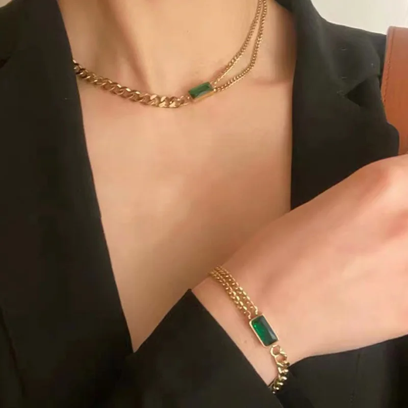 

Classic Geometric Rectangle Green Zircon Stainless Steel Chain Tassel Earrings Unusual Accessories For Women Free Shipping