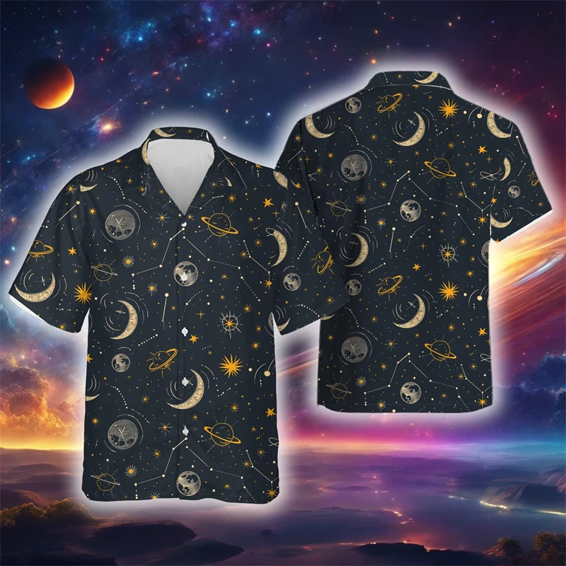 

Personalized Abstract Celestial Graphic Lapel Blouse Harajuku Fashion Space Planet Short Sleeve Stars Moon Blouses Women Y2K Top