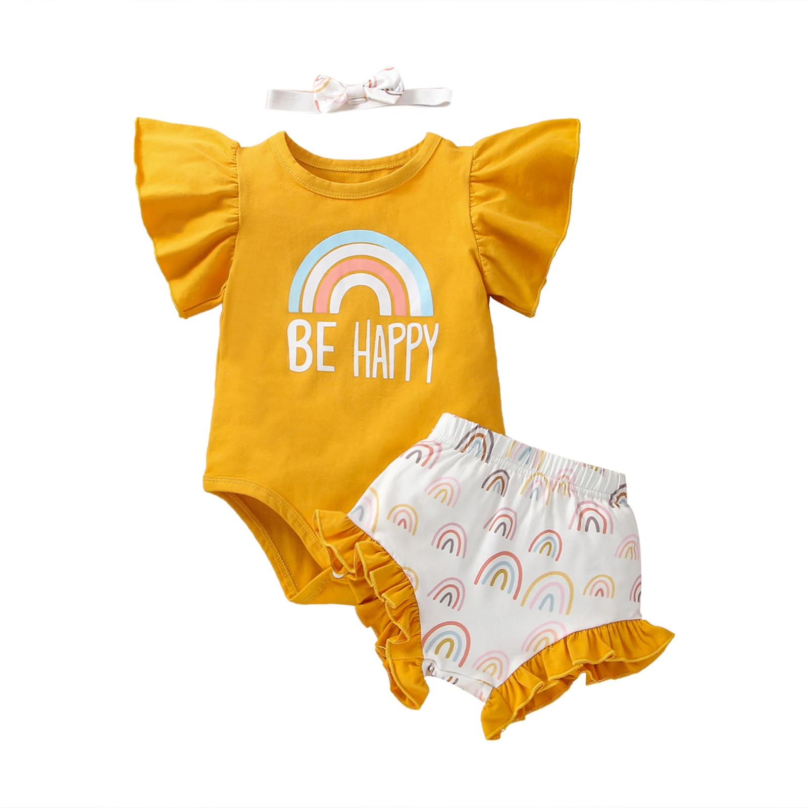 3piece Baby Girls Outfit, Short Sleeve Snaps Romper + Rainbow/leopard