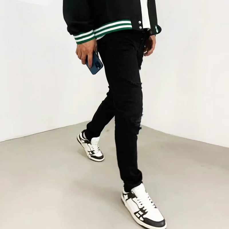 Street Fashion Men's Jeans Black Elastic Tight Split Jeans Men's Leather Panel Designer Hip Hop Brand Casual Pants Hombre