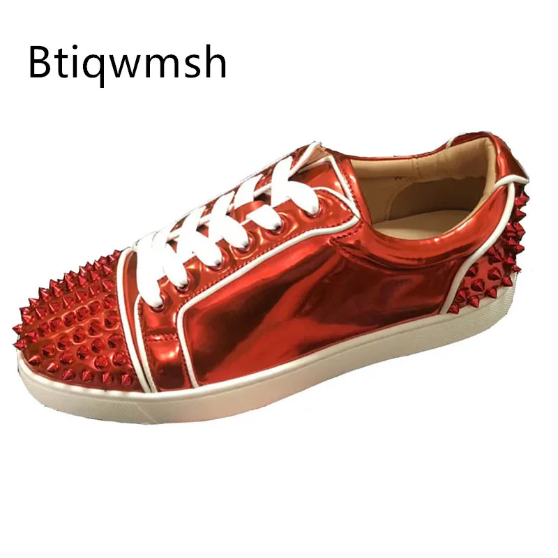 

Red Spiked Sneakers Man Pointed Toe Rivet Patent Leather Flats Male Fashion Loafer Shoes