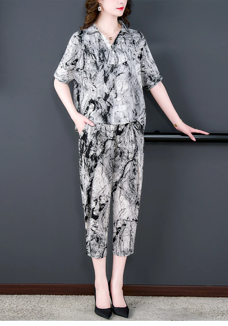 Stripe Black Silk Pants Loose Sets Summer Batwing Sleeve Casual Two Pieces Sets 2024 Women Elegant Vintage Party Ladies Suits