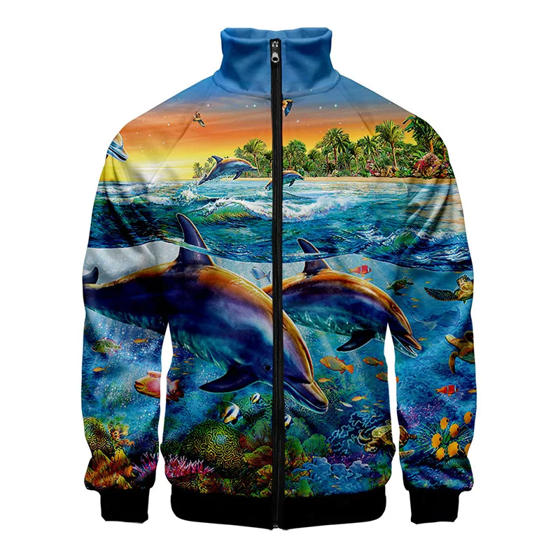 Chaqueta con estampado 3D de delfines, bonita chaqueta con gráficos de organismos marinos para hombres y niños, ropa divertida de moda, chaqueta de invierno, tops para mujer