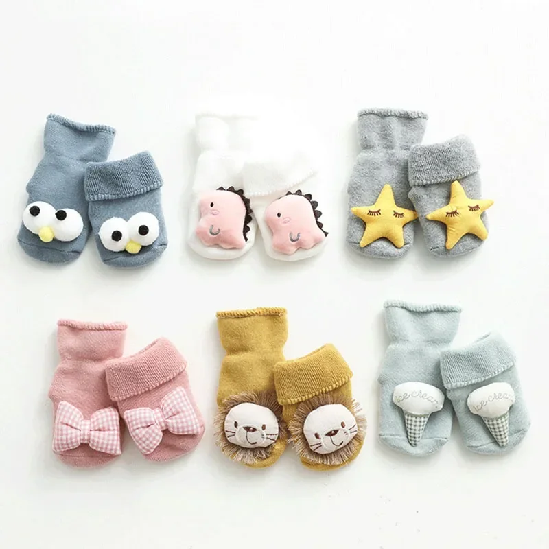Autumn Winter Baby Girls Cotton Terry Bows Floor Socks Newborn 3D Doll Cartoon Animal Anti Slip Shoes for Infant Boy Leg Warmers
