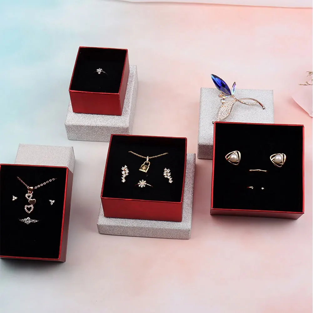 24pcs Glittering Silver And Red Cardboard Jewellery Box For Earring Pendant Necklace Display Storage Caskets Luxury Packaging