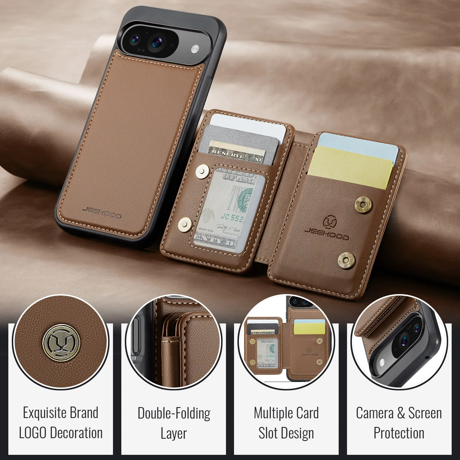 2-i-1 avtagbart magnetiskt korthållare plånboksfodral i läder för Google Pixel 9 Pro XL 9Pro avtagbar väska ficka RFID telefonfodral_voghion.com