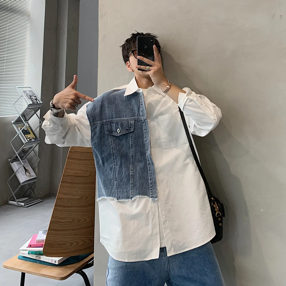 Denim Patchwork White Shirt Men Lapel Long Sleeve Button Loose Tops Spring Autumn Fashion Vintage Shirts Streetwear Male