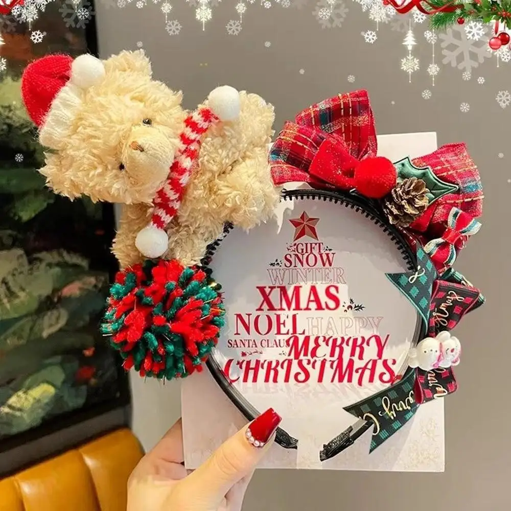 Christmas Headband Plush Teddy Bear Headband Party Dress Up Hair Band Red Bowknot Christmas Tree Decoration Headwear Girls Gift