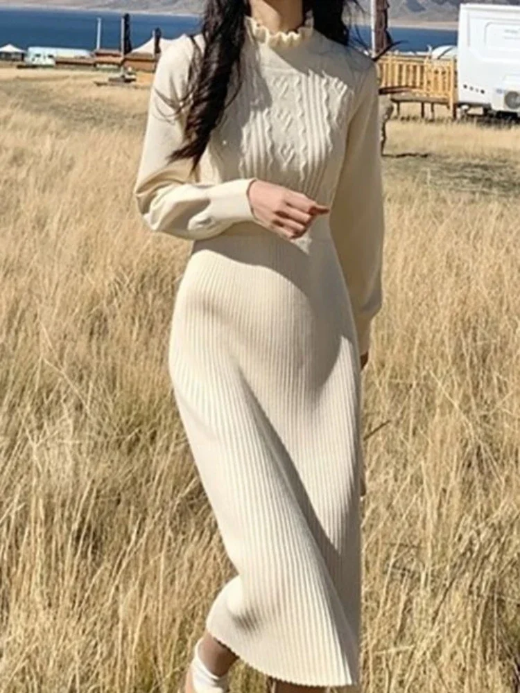 

2023 Autumn Elegant Women's Knitted Long Skirt Warm Temperament Korean Fashion Women's Knitted Sweater Sweet Style Long Skirt