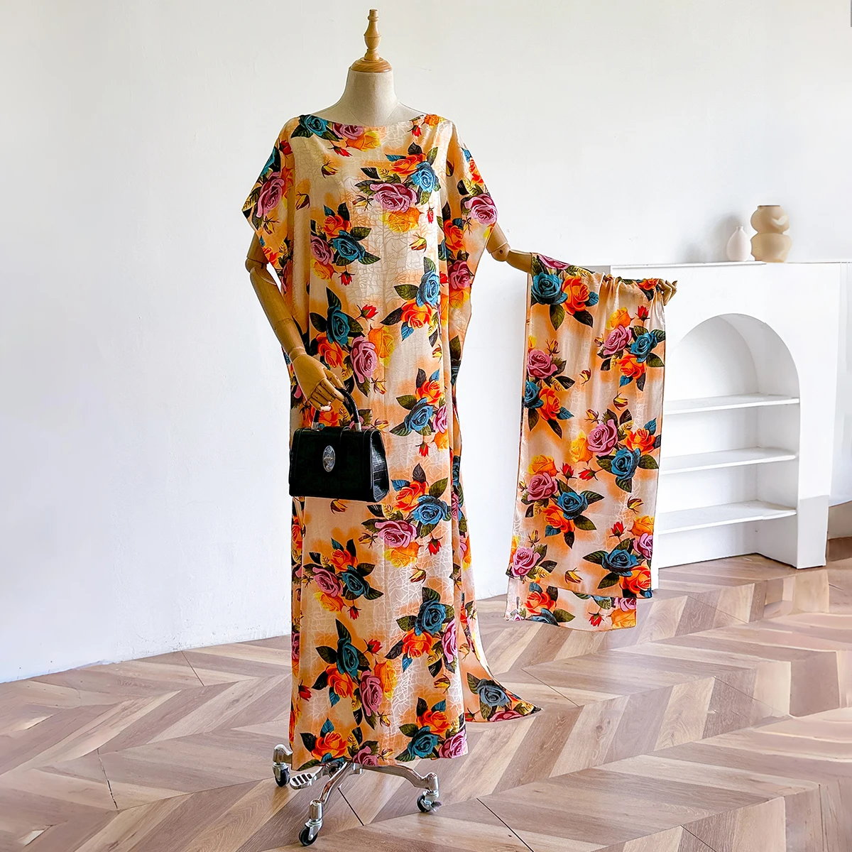 2025 New Style Fashion Oversize African Women Clothing Dubai Dashiki Abaya Folral Print Design With Scarf Loose Long Dress