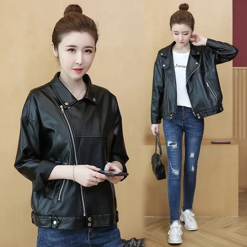 

New Short PU Leather Jackets Women's Korean BF Style Black Bomber Jacket Coat Ladies Casual Motorcycle Jackets Female Basic Coat