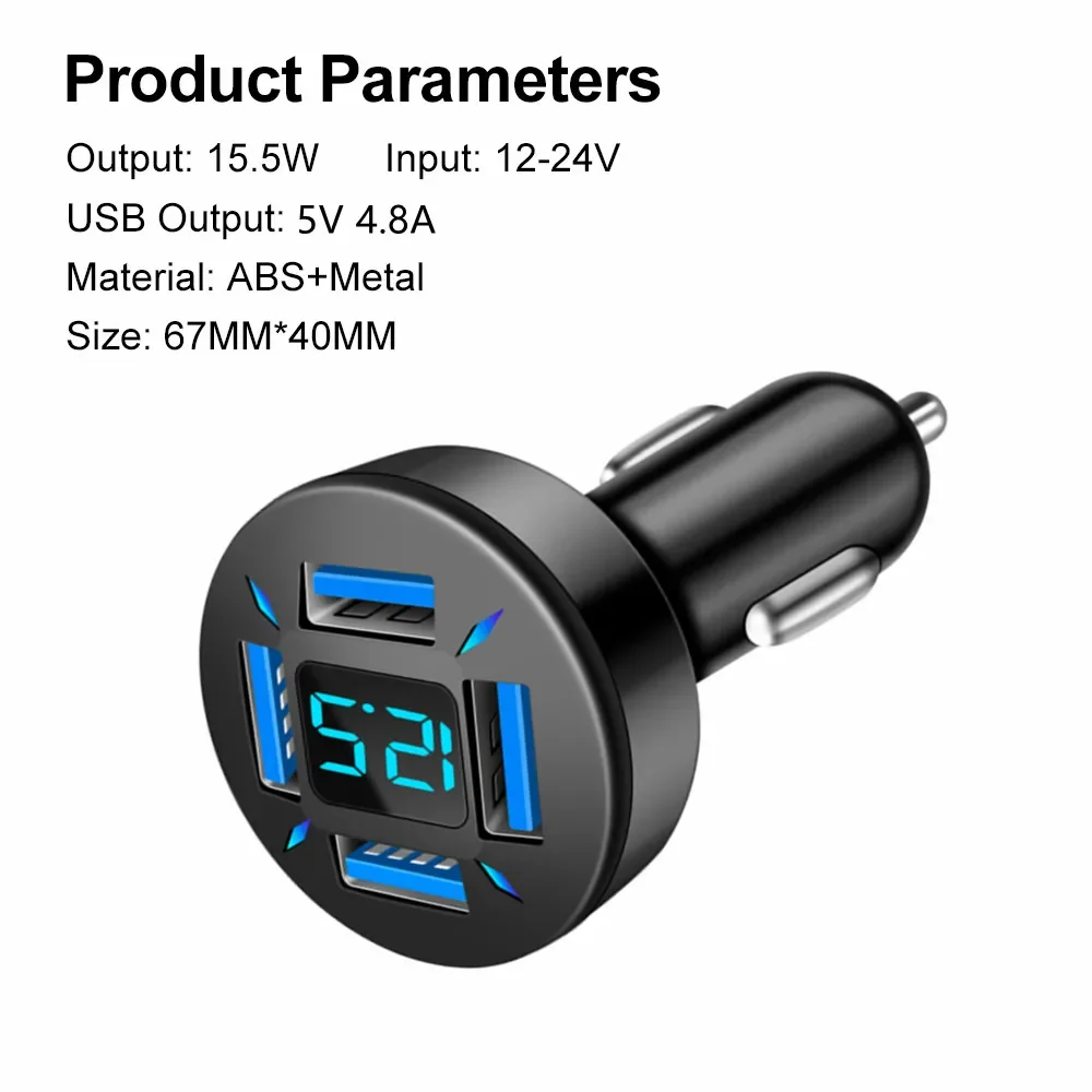 USB Car Charger Fast Charging 4 Ports Mobile Phone Adapter With Digital Display For iPhone Samsung Xiaomi Quick Charger Charger