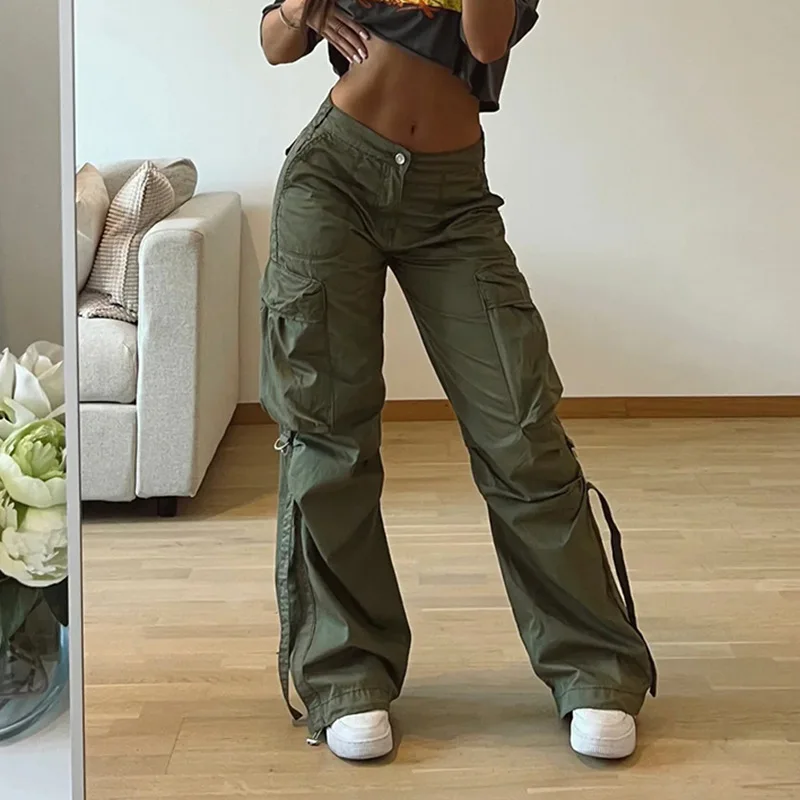 Solid Casual Loose Straight Leg Pants Women Autumn 2023 Medium Waist Button Zipper 3D Pockets Ribbon Cargo Trousers Streetwear women s fashion striped flared jeans woman medium waist trousers cotton street trendsetter women high elasticity denim pants