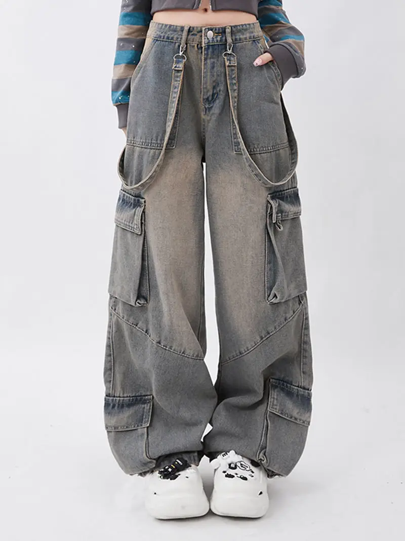 

QWEEK Vintage Pockets Denim Cargo Pants Women Y2k Grunge Washed Baggy Jeans Low Waist Sweatwear Casual Hip Hop Wide Leg Trousers